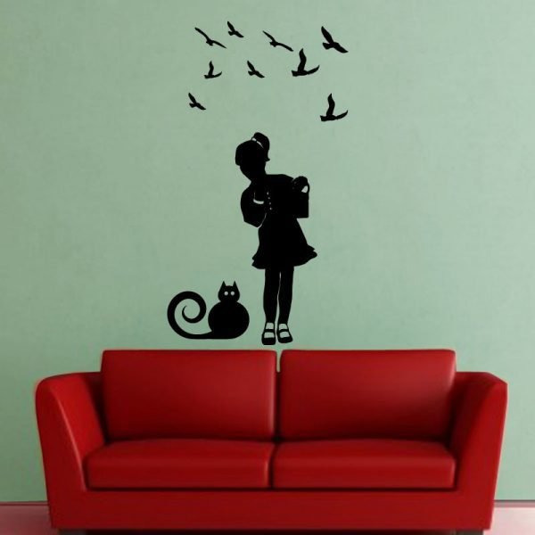 Wall decal Silhouette girl, cat and bird